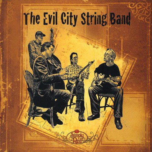 Cover art for The Evil City String Band album -- a yellow/brown background with black and white drawings of the various musicians playing together.