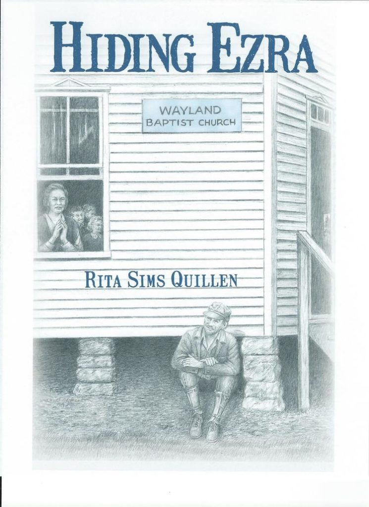 The cover of Hiding Ezra is a pencil drawing of a white clapboard church with a woman and several children standing at the window and a man sitting (hiding?) outside on the ground beside the church.