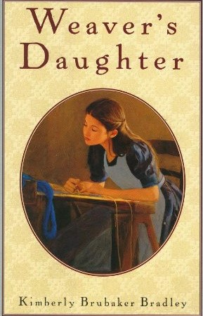 The cover image shows a young white girl with long brown hair in pioneer dress bending over a loom or worktable with yarn piled nearby.