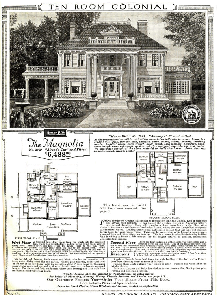 A catalog page for a 10-room Colonial style house showing a drawing of the front elevation of the house with manicured gardens in front. Below the drawing is a plan of both floors, along with a textual description of what can be found in the house.