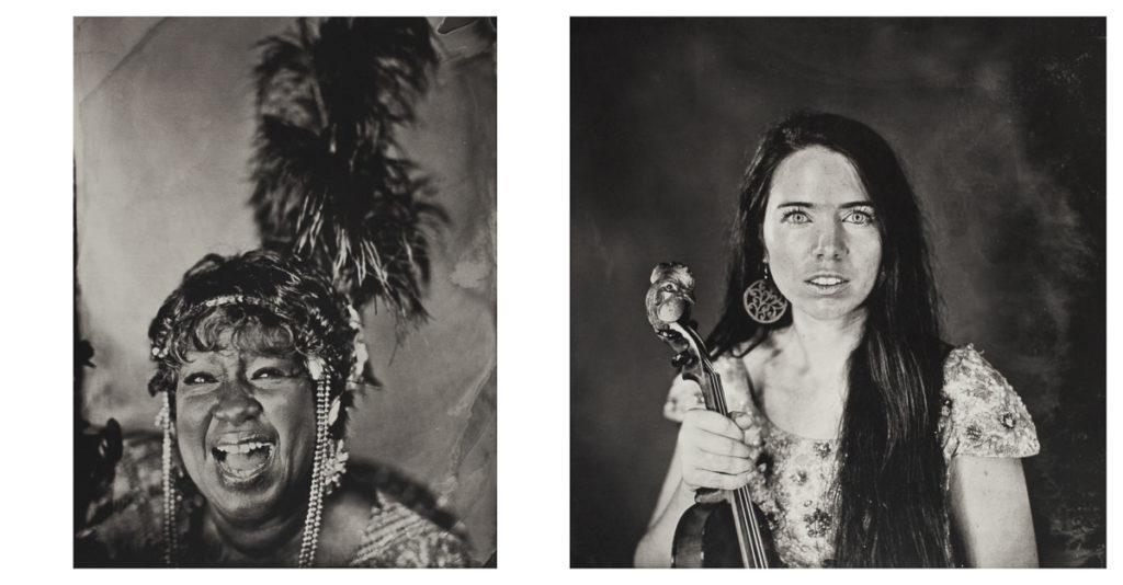Left: Black-and-white image of a Black woman shown from the shoulders up. She is wearing a feathered headdress with hanging pearls and beads, and she has an exuberant look on her face.
Right: A white woman with long dark hair and intense blue eyes seen from the chest up. She is wearing big circular earrings and a sparkly top/dress, and she is holding a fiddle  with a rooster's head carved on the top of its neck.