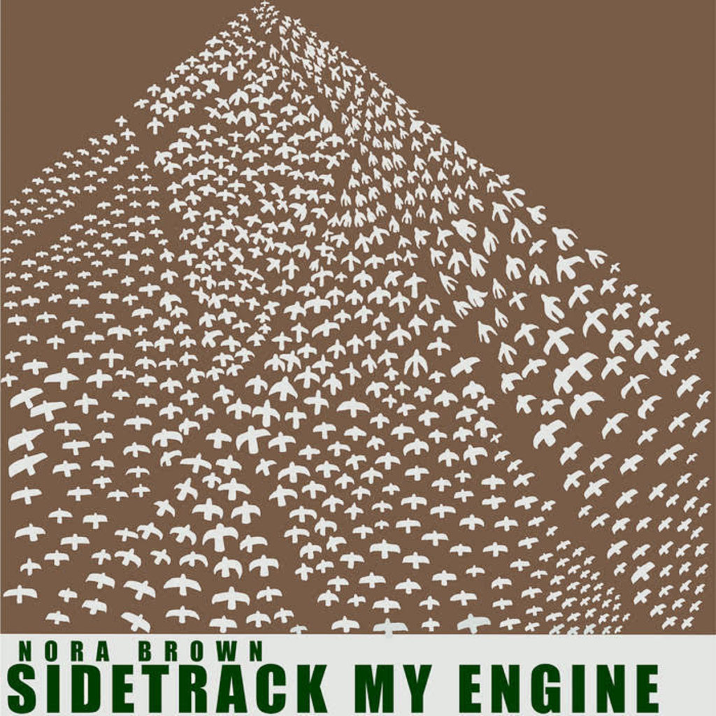 Album cover design showing a pinky-brown background with different groupings of white birds drawn so that they are all heading upwards to form a pyramid-like design. The album's title of Sidetrack My Engine is shown in green at the bottom of the album cover.