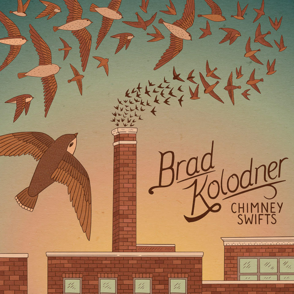 This image is of the Chimney Swifts album cover -- it is a graphic depiction of what looks like a brick factory with several windows and a tall chimney. Numerous swifts fly out of the chimney and across the reddish-blue sky.
