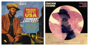 Left: Charley Crockett's album cover has a photograph of a young mand with dark and short beard wearing a cowboy hat, suede jacket, and jeans. Right: Joachim Cooder's cover shows a head portrait of a young white man looking back over his shoulder at the camera in a central white circle. He has dark hair and a beard, and he wears a cowboy hat. An overlay of mauve coloration is seen on his portrait.