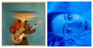 Left: Lord Huran album cover shows a painting of a white man wearing a red jacket and brown pants, holding a guitar. His face is blurred out into streaks of color on a blue background. Right: Alexa Rose's album cover is a photograph of a white woman lying down (just her face). She has dark hair and eyes and is staring straight into the camera. The whole image is bathed in blue.