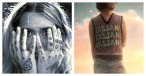 Left: Morgan Wade album cover showing a young white woman with blondish-brown hair parted in the middle. She is holding both hands up to her face, covering most of it so you can just really see her eyes. Both hands are heavily tattooed. Right: Aaron Lee Tasjan's album cover shows a young white man with dark hair from mid-thigh up, with the image cut off midway across his head/face. He is wearing a sweater vest with the words "Tasjan Tasjan Tasjan" on it, and there is blue sky and a pink cloud behind him.