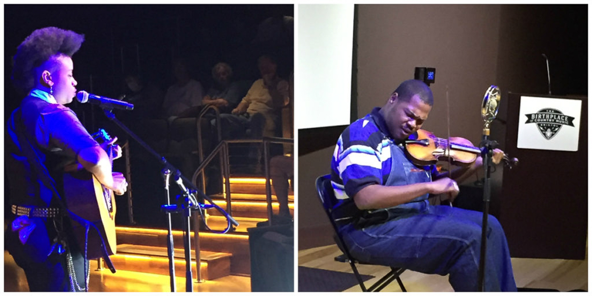 Left: Singer Amythyst Kiah, bathed in purplish light, sings on stage to an intimate audience. She is a Black woman with a mohawk, and she wears dark clothes and plays guitar. Right: Jerron "Blind Boy" Paxton sits on stage, playing the fiddle. He is a Black man, and he wears dark jeans and a striped shirt.