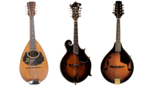 The image shows three mandolins of different shapes. The left mandolin is the bowl-back or Neapolitan-style instrument that has an ovoid (egg-shaped) body that is rounded out at the back; the middle mandolin is an archtop-style with a rounded body showing a curled scroll in the top left corner and points coming out from the body to the top right and right side; and the right-hand mandolin is a tear-dropped style with a rounded, bulbous body shape coming up to a tear-drop point at the neck.