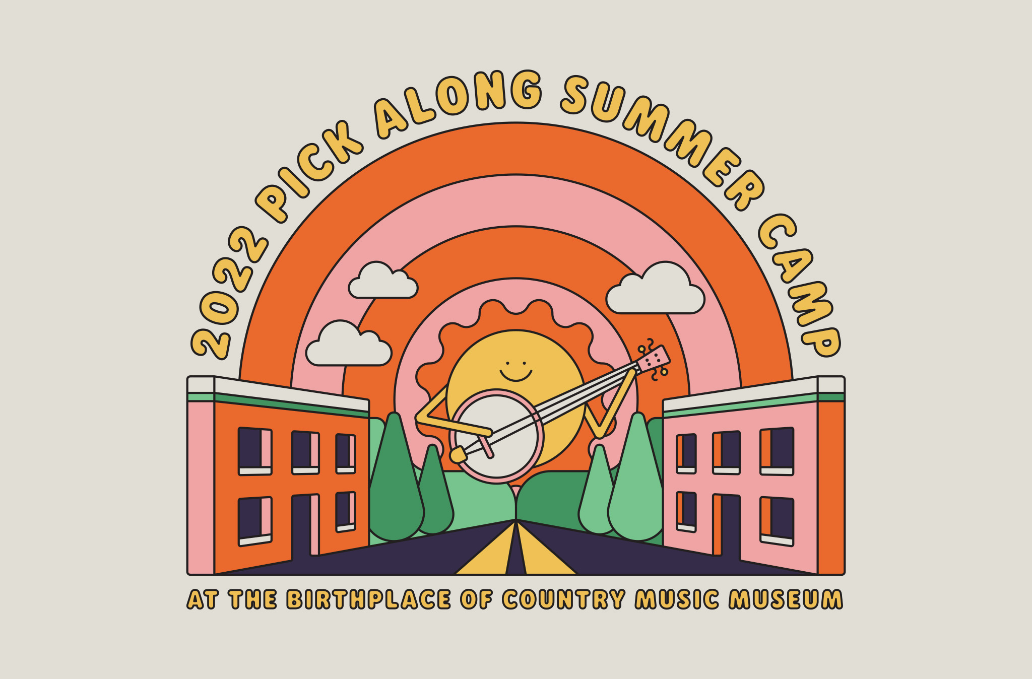 Pick Along Summer Camp graphic with a stick figure sun playing a banjo. Figure is standing in the middle of a street drawn to resemble State Street in Historic Downtown Bristol, VA-TN