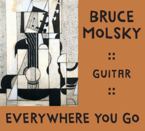 Burnt orange-colored album cover for Bruce Molsky's Everywhere You Go. To the left is a black-and-white Cubist drawing/painting of a guitar.