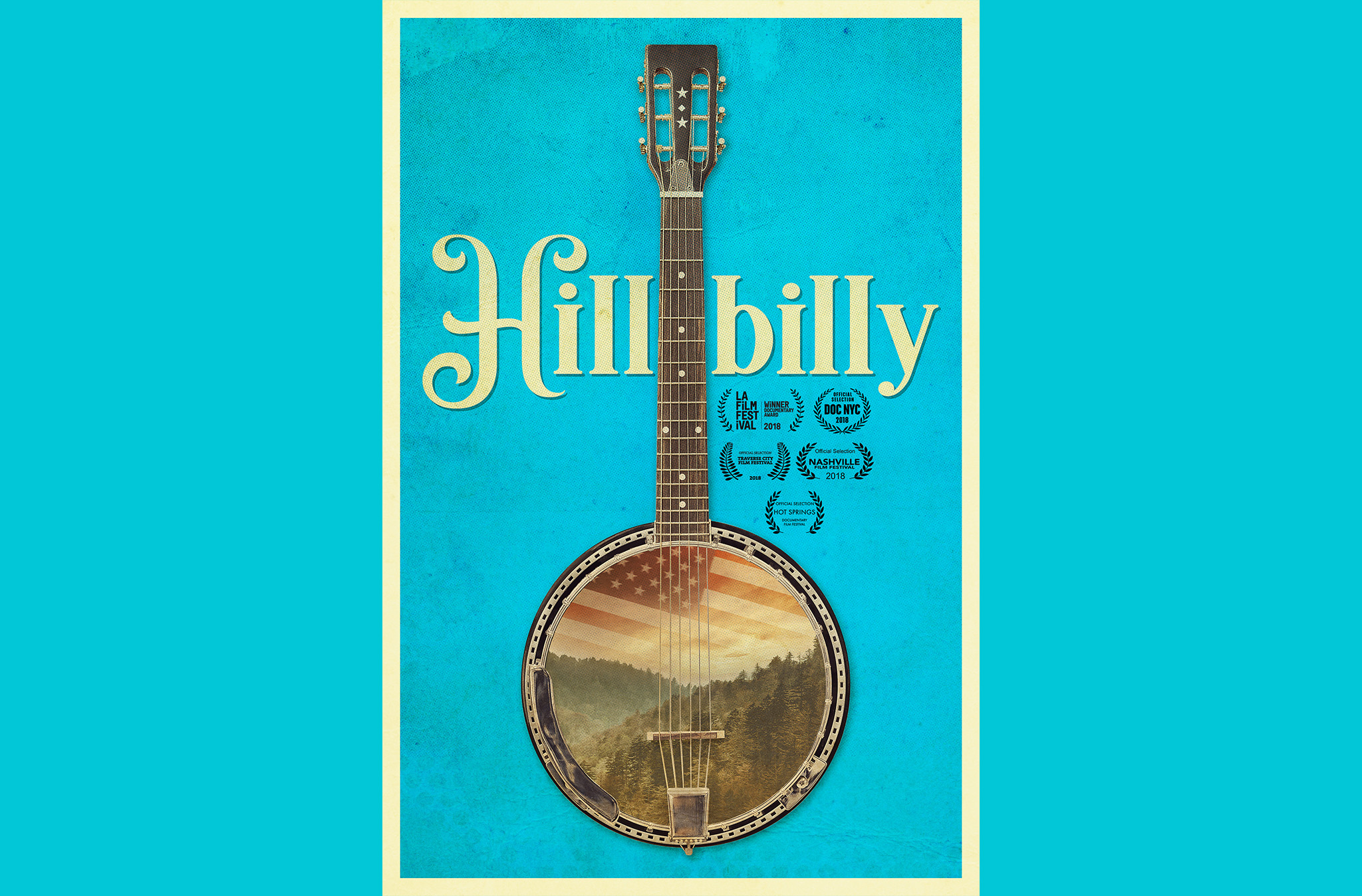 Movie poster for the film Hillbilly depicting a banjo with a mountainous scene inside the instrument