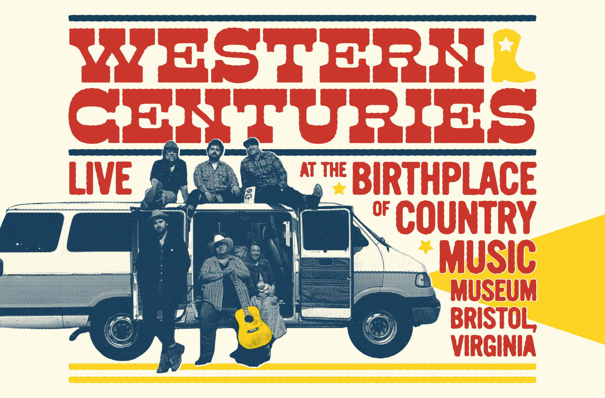 Show print style graphic with photo of the band Western Centuries