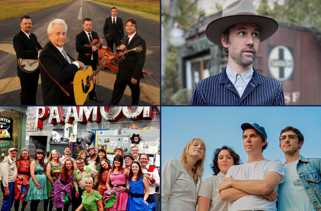 Photo collage of Del McCoury Band, Willie Watson, Green Grass Cloggers, and Bill and the Belles