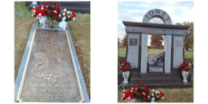 Two views of George Jones grave and cemetery monument. To the left is the grave marked otut on the ground with a raised border and a carved stone top with his name on it. There are flowers at the head of the grave. To the right is the large marble monument made of columns, arches, and bearing his name.