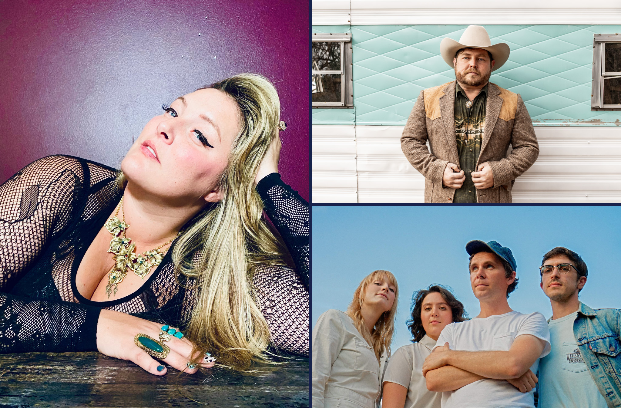 Photo collage of Caitlin Krisko, Adam Bolt, and Farm and Fun Time house band Bill and the Belles
