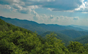 View of Appalachian Mountains with green trees in the foreground and the rolling peaks of the Blue Ridge behind them. These peaks looks blue and green, and the sky is filled with clouds above them.