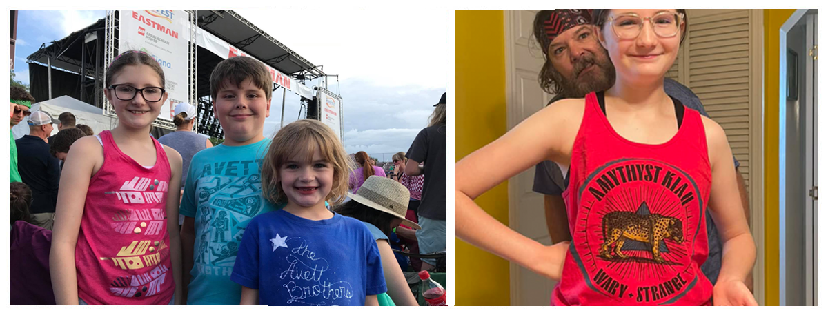 Photo collage of 2 photos. In the first photo three children standing in front of a stage smiling. Two of them are wearing Avett Brothers t-shirts. In the second photo a young girl is wearing an Amythyst Kiah t-shirt.
