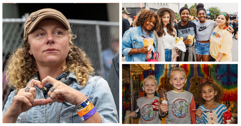 A collage of photos including a woman making a heart symbol with her hands, a photo of five women from different ethic backgrounds smiling at the camera, and a third photo of three children, two boys and a girl, enjoying the festival.