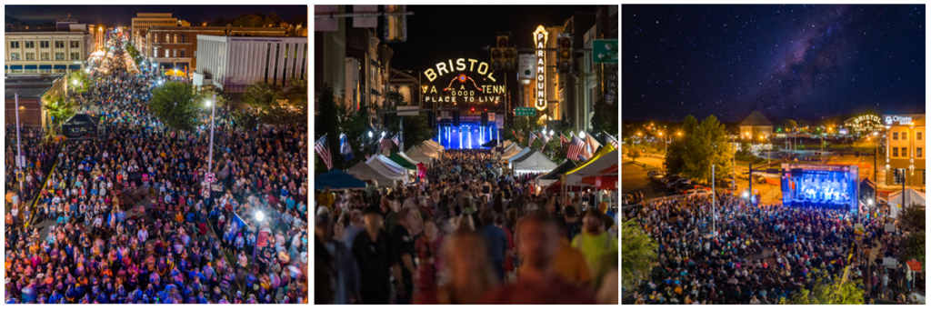 A collage of three photos depicting evening aerial scenes of the State Street Stage at Bristol Rhythm & Roots Reunion 2022, packed with people.