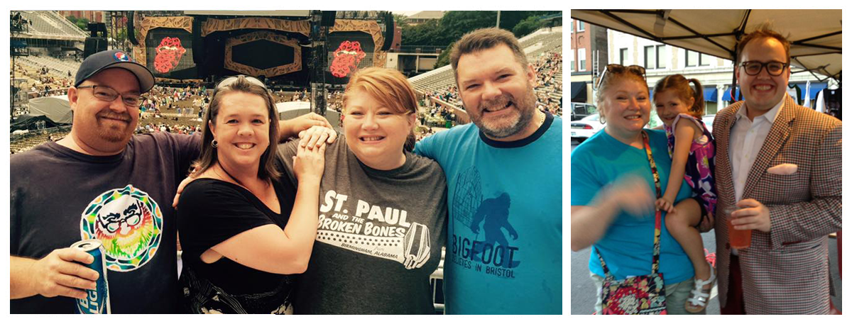 Collage of 2 photos. The first is a photo of Eric, Tracey, Charlene and Tim (Charlene wearing St. Paul t-shirt) at Rolling Stones concert. Second photo is of Charlene, her daughter, and Paul Janeway of St. Paul & the Broken Bones.