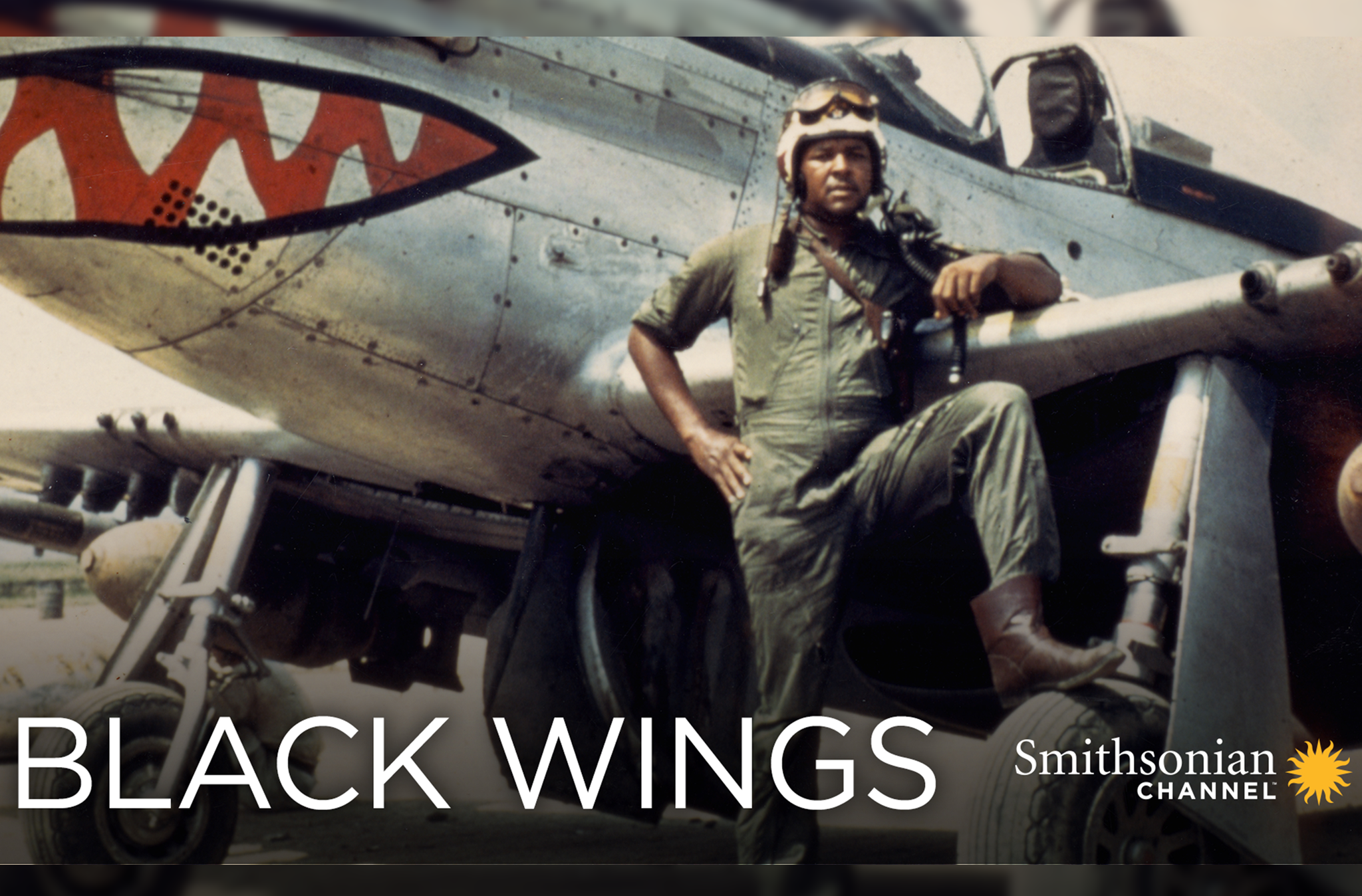Smithsonian Channel Graphic for the film. An African American man in a pilot uniform standing beside an airplane.