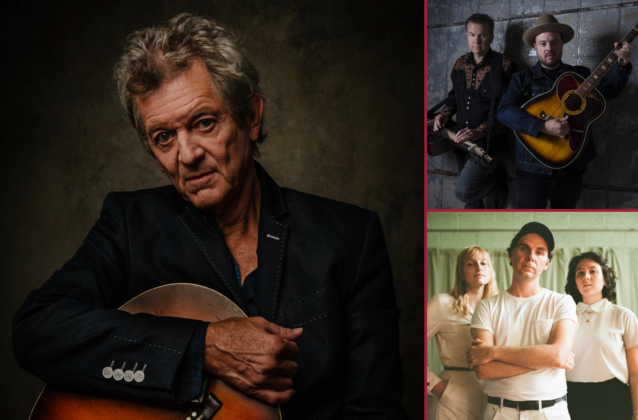 A collage featuring three photos. A photo of Rodney Crowell, another of Rob Ickes & Trey Hensley, and a third of the band Bill and the Belles.