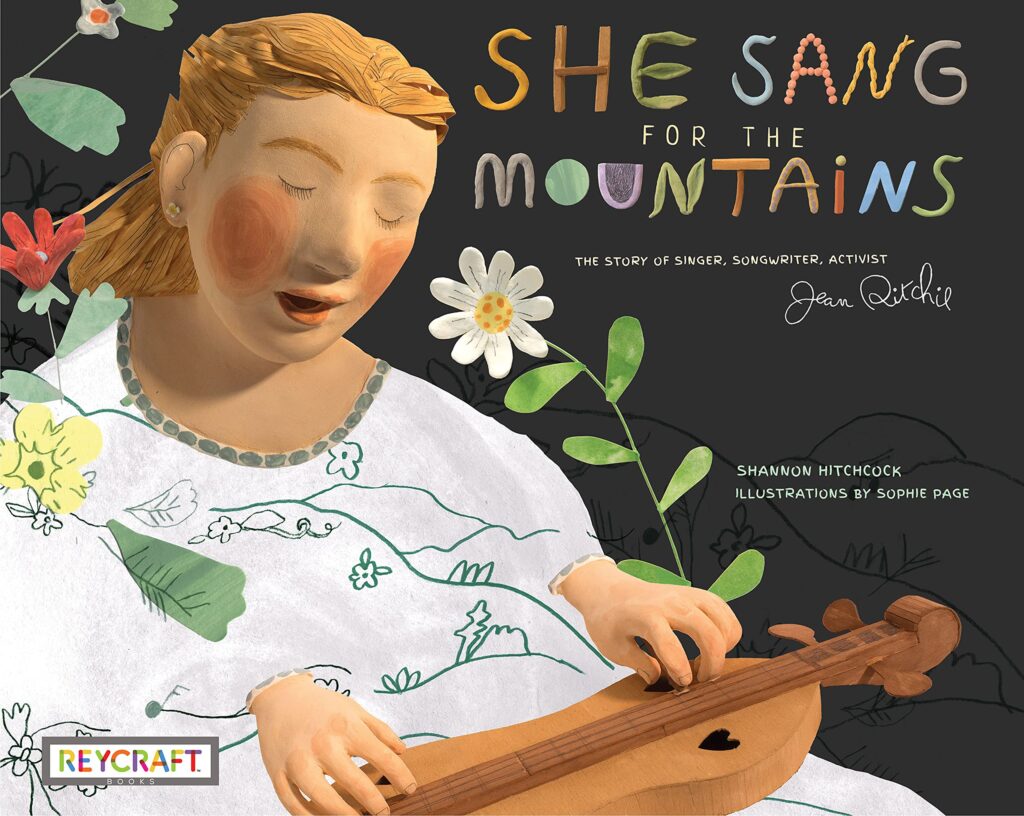 Black book cover with a colored drawing of a young woman with light brown hair singing and playing a dulcimer. She wears a white dress and flowers are drawn around her head and body.