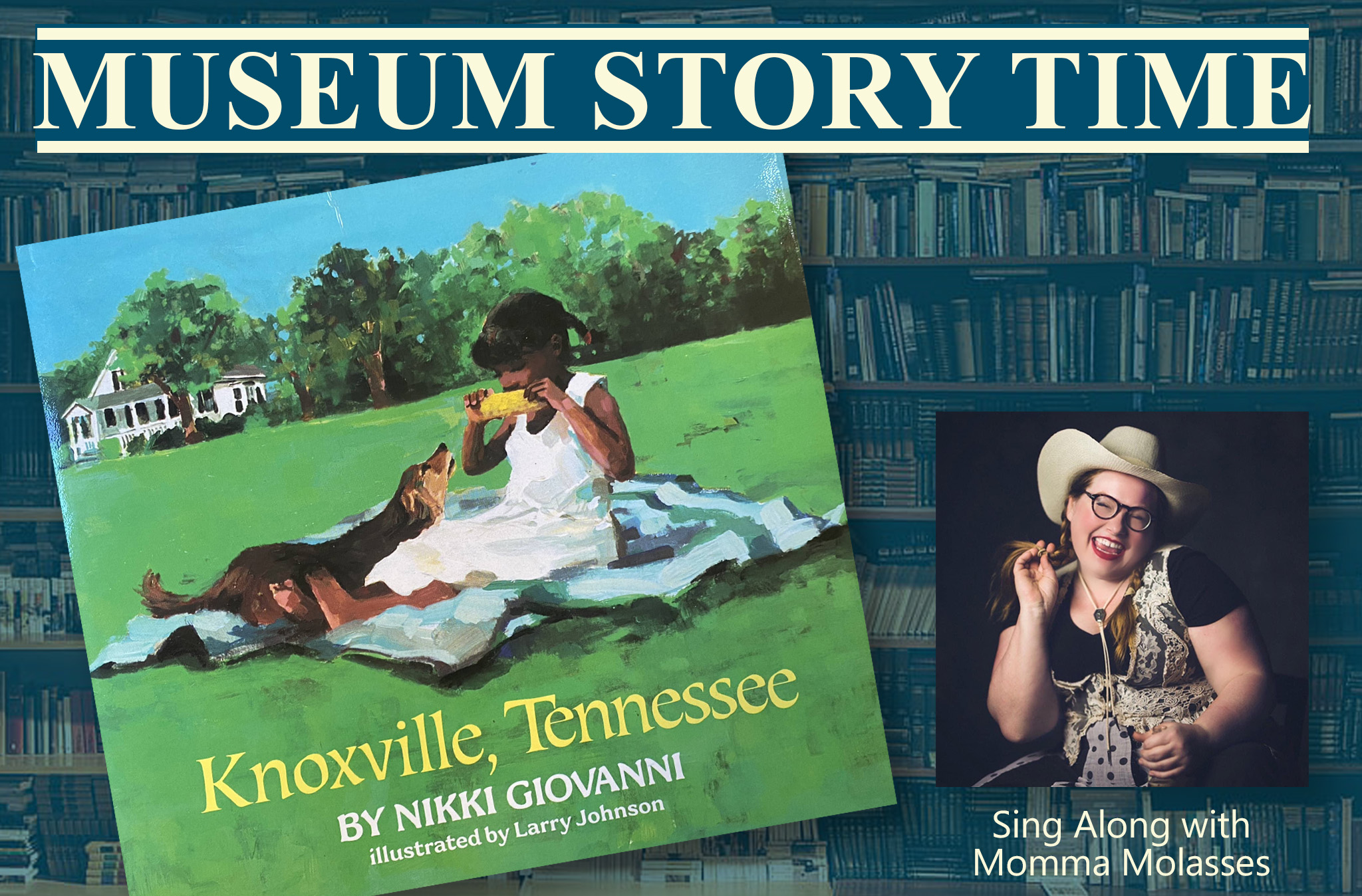 A graphic for Museum Story Time depicting the cover of this month's book and a photo of Ella Patrick.