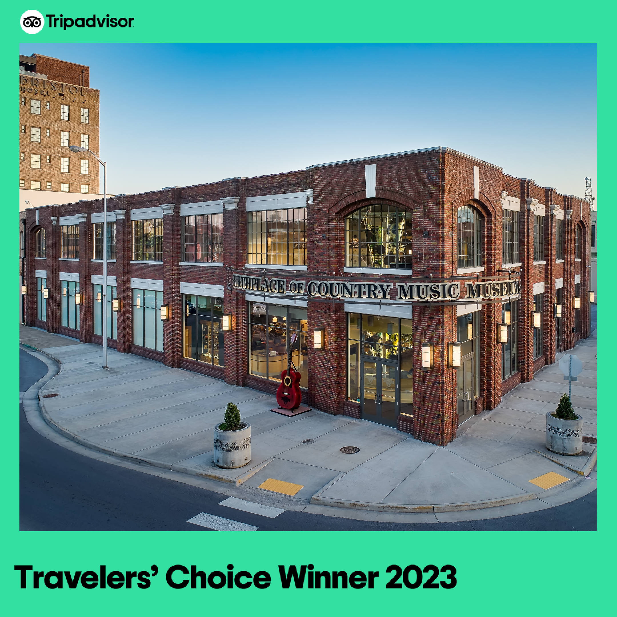 Photo of the Birthplace of Country Music Museum with a banner at the bottom that reads "Travelers' Choice Winner 2023"