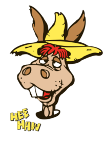 A graphic image of a logo for the program Hee Haw. The graphic is a mule wearing a yellow straw hat, with droopy eyes and prominent large teeth. The mule is smiling and underneath of the mule to to right are the words “hee haw”