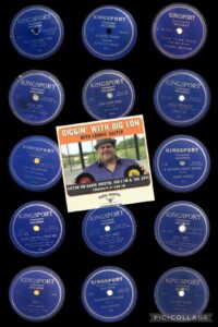 A graphic collage of records with the text "Kingsport" labeled clearly. In the middle of the collage is a promotional graphic image of Big Lon. He is wearing a fedora straw hat and holding two records. 