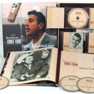 A display of the Tennessee Ernie Ford CD Box set contents including the cover of the album, a book with liner notes, and the CDs.