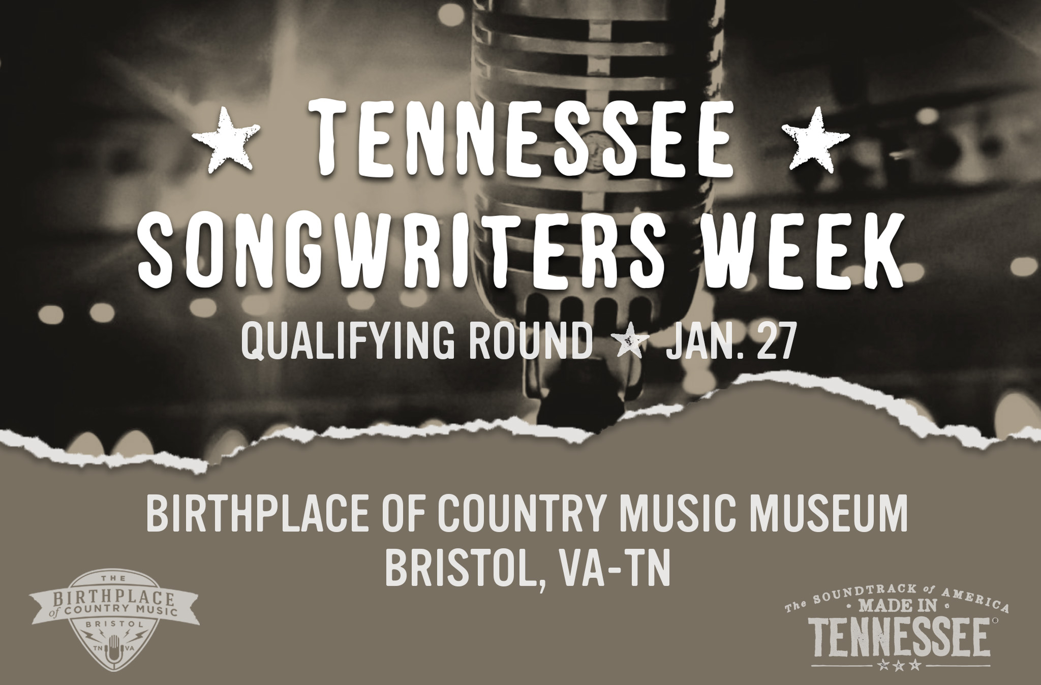 Tennessee Songwriters Week Graphic with a vintage microphone in the background. Graphic states the qualifying round date of Jan. 27 at the Birthplace of Country Music Museum in Bristol, VA-TN