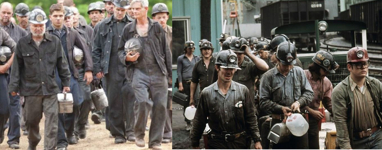 Two images show a group of coal miners walking forward in the open. The image on the left is a scene from the 2012 Hunger Games movie and shows citizens from Panem wearing helments, dark clothing, and carrying lunch boxes. The image on the right features a historical image of coal miners in the same setting from the mid 20th century. 