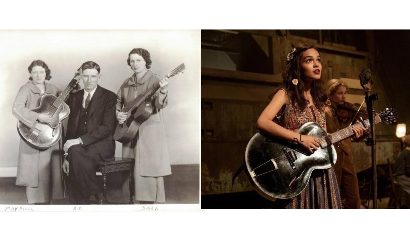 To the left is a promotional black and white photo of the Carter Family holding guitars and facing the camera. AP Carter is seated in the middle sitting on decorative furniture while Maybelle and Sara are standing on both sides of AP. Sarah and Maybelle are both holding guitars. The image on the right features a scene of a young women holding a vintage Gibson guitar and singing on a dimly lit stage, a scene from the recent film. 
