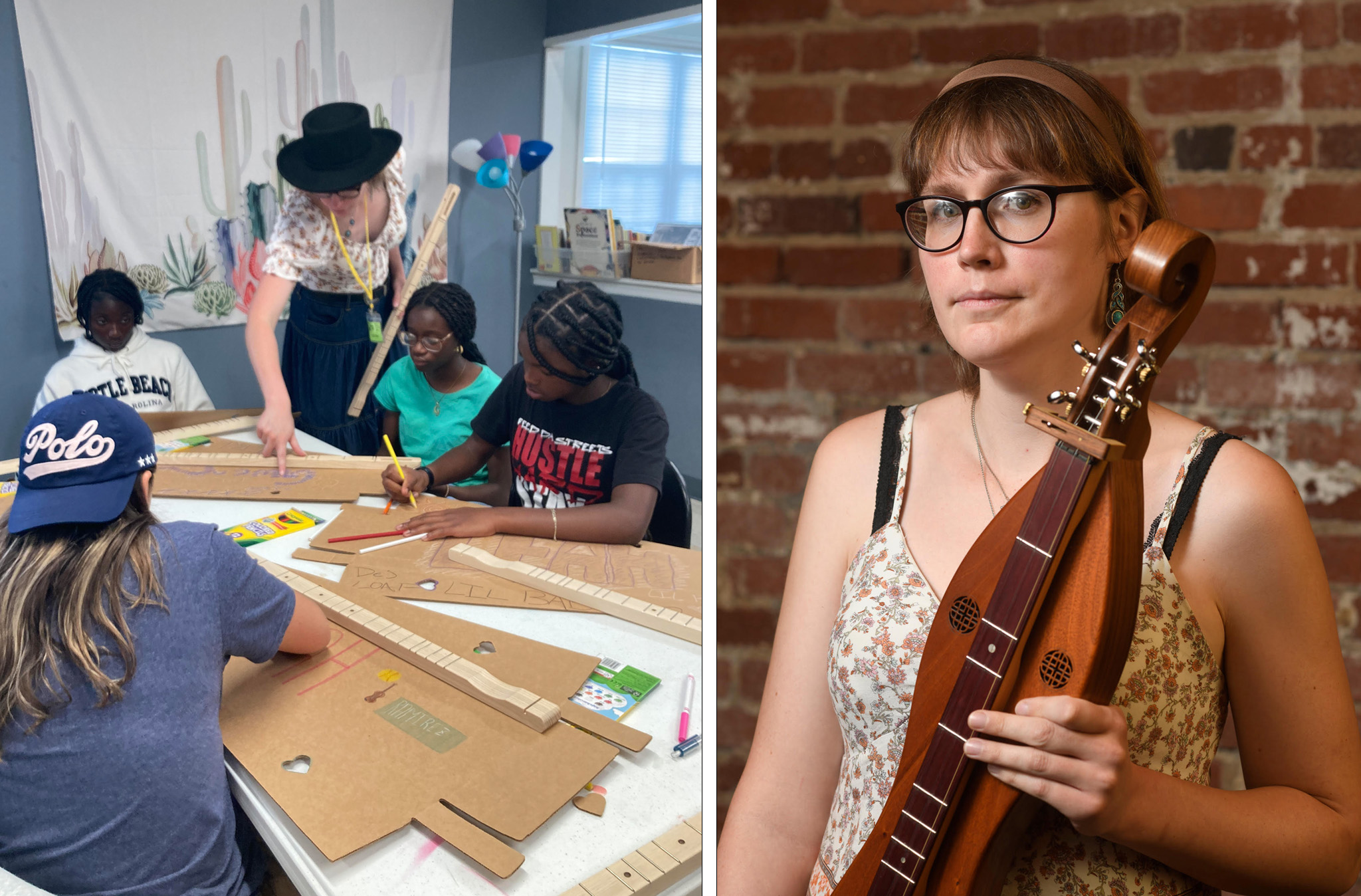 A collage of two photos, the first features children building cardboard dulcimers, the other is a photo of Roxanne McDaniel holding a dulcimer.