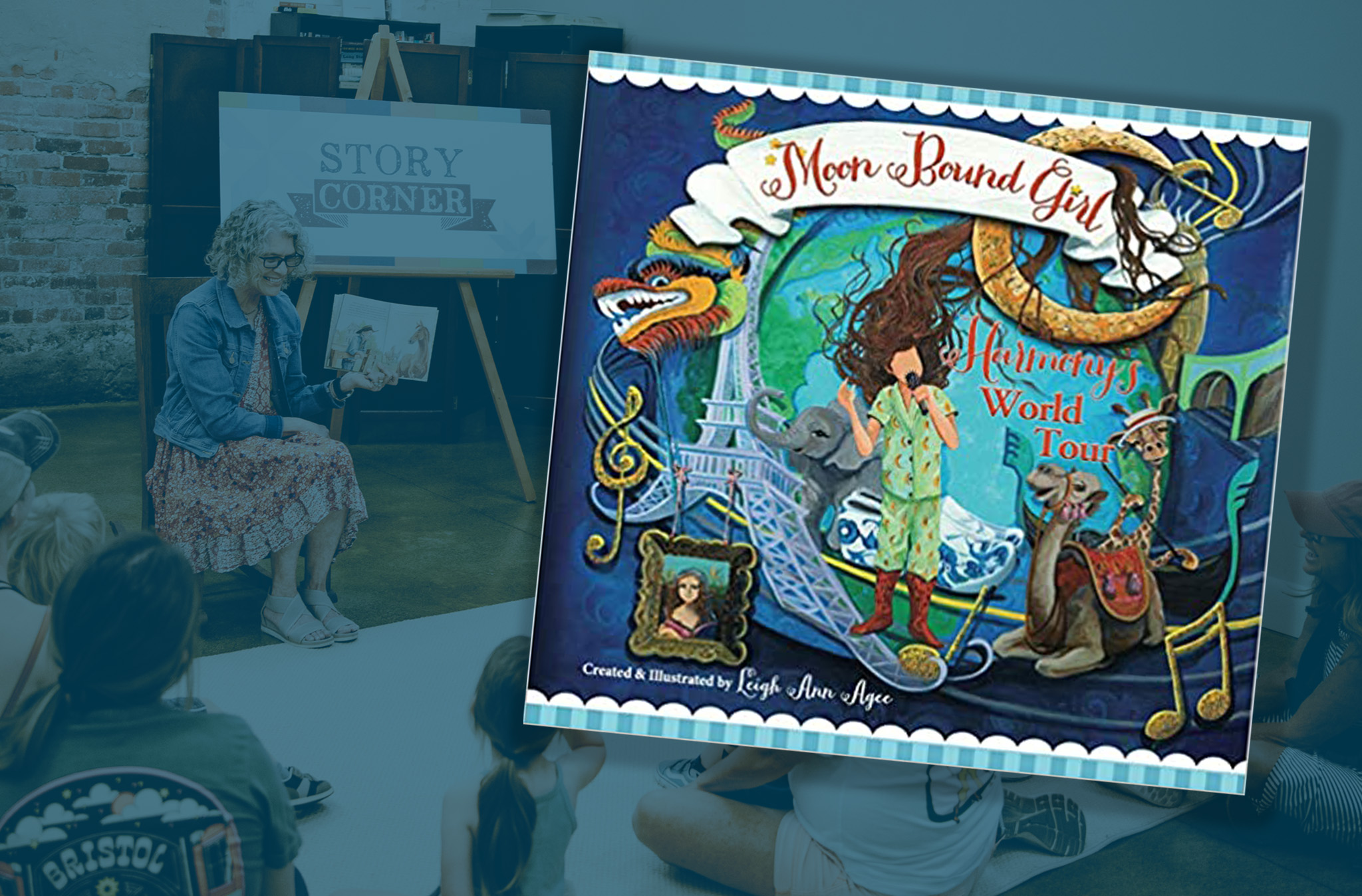Graphic featuring cover of the book "Moon Bound Girl: Harmony's World Tour."