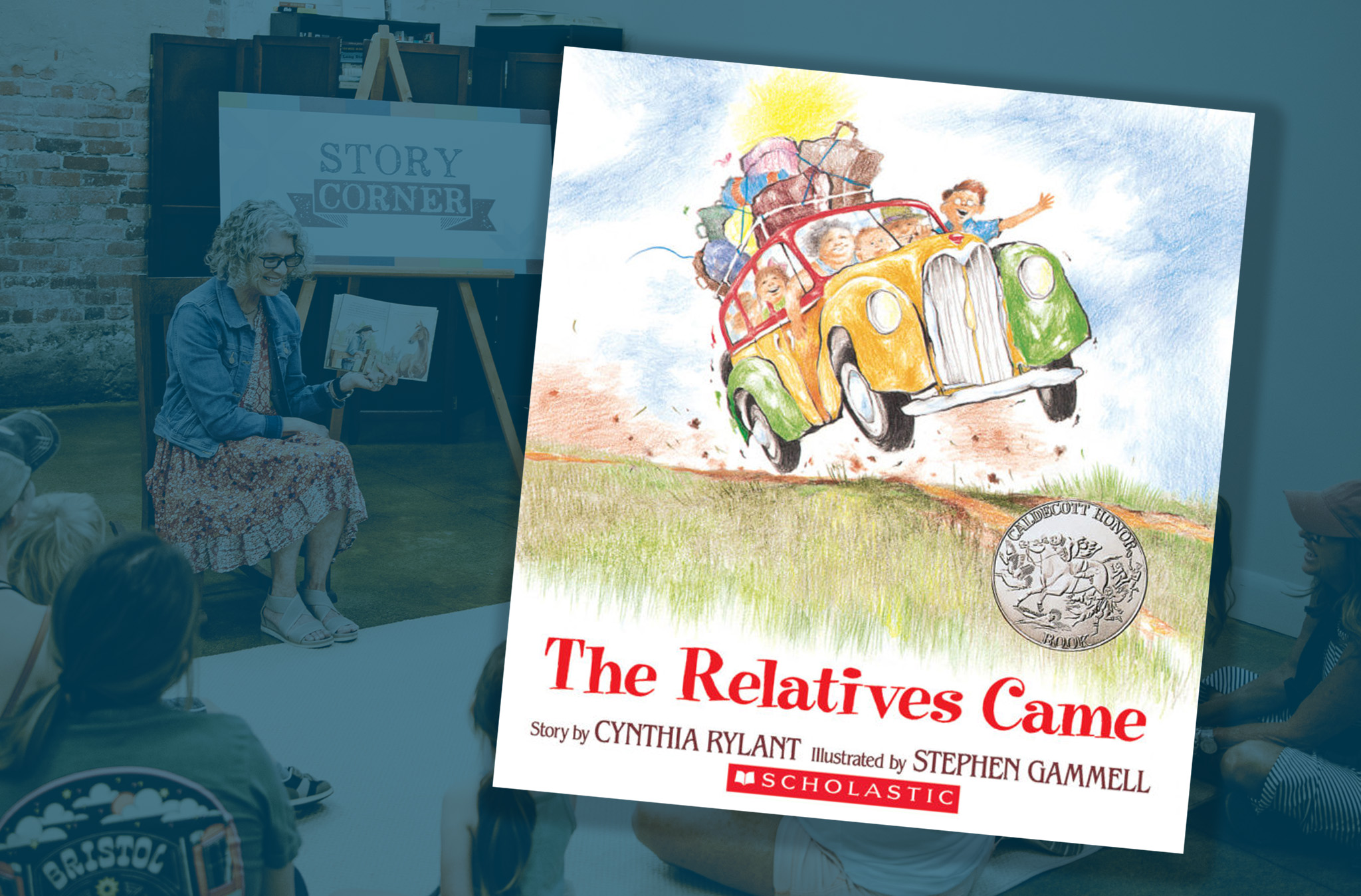 Graphic featuring the cover of the book "The Relatives Came."