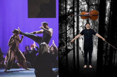 Two photos: one of Len Cook kickboxing and the other of Dave Eggar floating in the air over a woodsy background, his cello perched on his head.