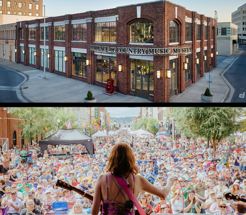 Photo collage of the Birthplace of Country Music Museum exterior and a crowd shot from Bristol Rhythm & Roots Reunion.