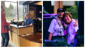 Two images. Left image: June, a white woman with short grey hair wearing a black shirt and blue cardigan, is standing at a desk speaking with two people. Right image: Baylor, a blonde white woman wearing a white t-shirt, lanyard, and black baseball cap, has one arm around Leah, a white woman with short brown hair wearing a white t-shirt and lanyard.