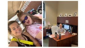 Two images. The left image is Sarah, a blond white woman wearing a black tank top and yellow crossbody bag, taking a selfi with Charlene, a red haired white woman wearing sunglasses and a pink tie-dye shirt, while they drive a golf cart at a festival. Right image is of Kathryn, a blond white woman wearing a black and white striped shirt, sitting at her desk in her office.