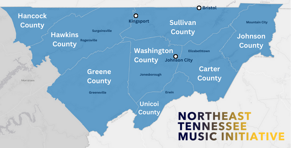 Northeast Tennessee Music Initiative geographical coverage map. Includes Hancock, Hawkins, Greene, Washington, Unicoi, Sullivan, Carter, and Johnson Counties.