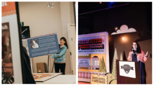 Two images. Left image: Rene, a brunette white woman wearing a blue shirt, holds a large wall panel in a partially assembled exhibit gallery. Right image: Paula, a dark haired white woman wearing a black shirt and pink blazer, is speaking from a podium with the Birthplace of Country Music logo on the front.