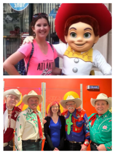 (Top) Young woman with a pink t-shirt, sunglasses and backpack with a costumed cowgirl wearing a mask with a large red hat.