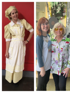 (Right image) Woman in a yellow dress and chefs hat wearing an apron. She is posing with one hand on her hip. (Left image) Young woman with red-brown hair standing next to an older woman with yellow tinted sunglasses and a floral shirt.