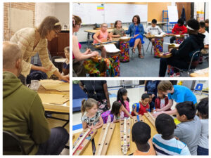 three images of a woman teaching. One with children sitting in a circle playing dulcimer. One with children learning to build cardboard dulcimers. One with a woman teaching adults to build cardboard dulcimers.