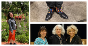 (Top image) Feet wearing a pair of black boots with colorful designs. (Left image) A young woman with brown curly hair wearing an oragne dress and jean jacket is posing in a garten. (Right image) Three women standing together and smiling. The woman on the left is a white woman with brown hair. She is wearing a blue shirt and has sunglasses on her head. The woman in the middle is a white woman with white hair to her shoulders and is wearing a black suit jacket with a scarf. The woman on the right is a Black woman with blond hair and is wearing a black bedazzled shirt.