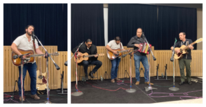 (left image) a man playing a guitar. (right image) four musicians stand in a row playing instruments.