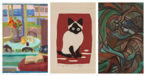 Three artworks: Left: A impressionistic interior scenes showing a table with flowers in a vase, a small table with an open book, and a telephone in front of a window looking out over water. Pastel jewel-like colors have been used Center: A loosely drawn/painted Siamese cat on a red background. Right: Two people embracing/kissing painted in an expressionistic style of bold lines and colors.